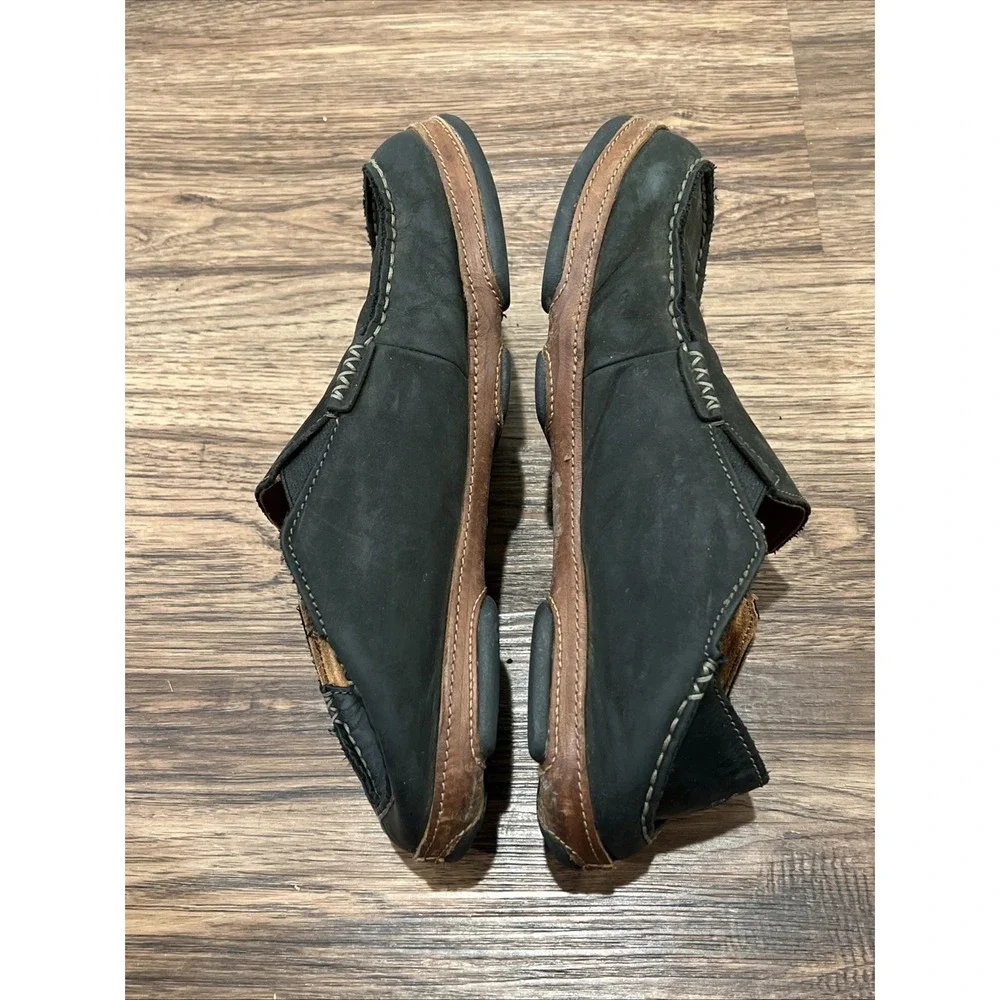 OluKai Moloa Shoes MEN US 9.5/ EU 42.5 Black Leather Slip On Loafers Comfort
